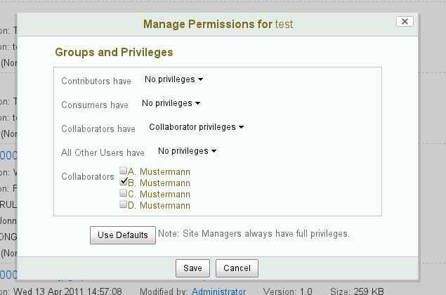 Hacked Alfresco Share permission dialog Individual alfresco share user roles